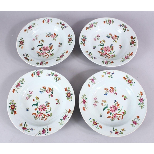 80 - A SET OF FOUR 18TH CENTURY CHINESE FAMILLE ROSE PORCELAIN SOUP PLATES, the plated each decorated wit... 