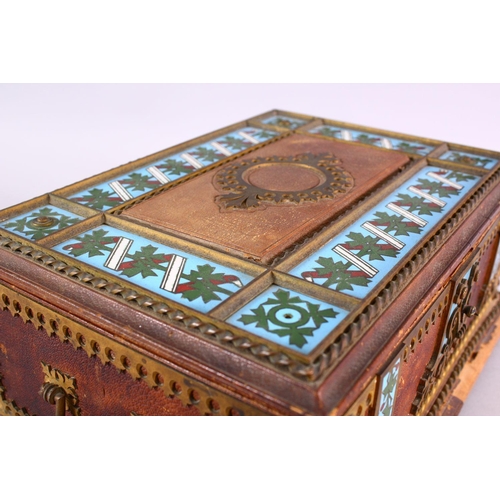 803 - AN UNUSUAL POSSIBLY ISLAMIC ENAMEL AND LEATHER BOUND WOODEN BOX, with inset enamel panels, leather b... 