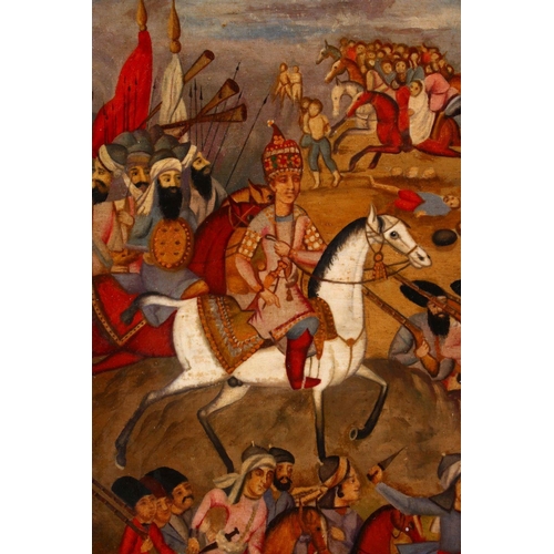 806 - A PERSIAN QAJAR LACQUER PAINTED PANEL OF 1ST QAJAR KING AGHA MOHAMMAD KHAN QAJAR, 21cm x 25cm.