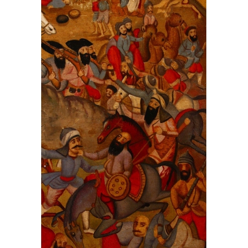 806 - A PERSIAN QAJAR LACQUER PAINTED PANEL OF 1ST QAJAR KING AGHA MOHAMMAD KHAN QAJAR, 21cm x 25cm.