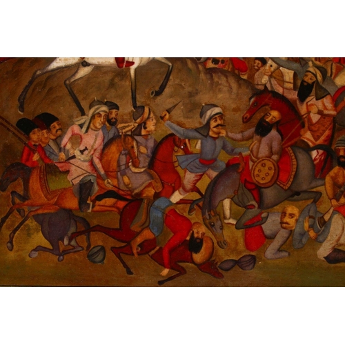 806 - A PERSIAN QAJAR LACQUER PAINTED PANEL OF 1ST QAJAR KING AGHA MOHAMMAD KHAN QAJAR, 21cm x 25cm.