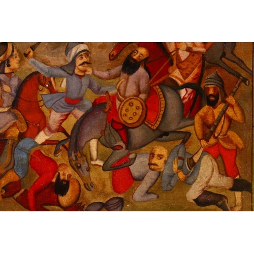 806 - A PERSIAN QAJAR LACQUER PAINTED PANEL OF 1ST QAJAR KING AGHA MOHAMMAD KHAN QAJAR, 21cm x 25cm.