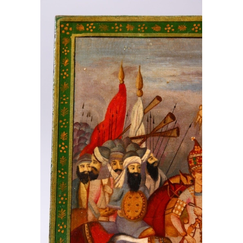 806 - A PERSIAN QAJAR LACQUER PAINTED PANEL OF 1ST QAJAR KING AGHA MOHAMMAD KHAN QAJAR, 21cm x 25cm.