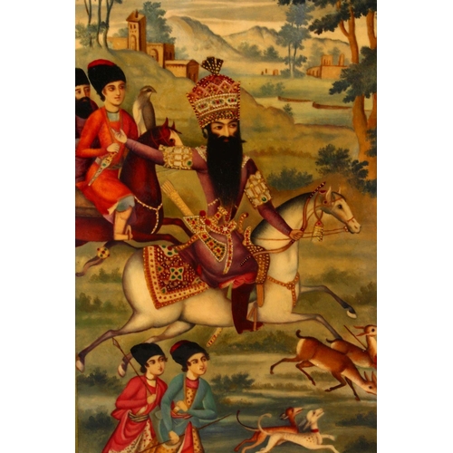 807 - A PERSIAN QAJAR LACQUER PANEL DEPICTING FATH ALI SHAH - 2ND KING OF QAJAR, 29cm x 17cm.