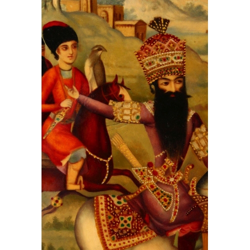 807 - A PERSIAN QAJAR LACQUER PANEL DEPICTING FATH ALI SHAH - 2ND KING OF QAJAR, 29cm x 17cm.