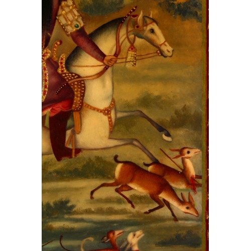 807 - A PERSIAN QAJAR LACQUER PANEL DEPICTING FATH ALI SHAH - 2ND KING OF QAJAR, 29cm x 17cm.