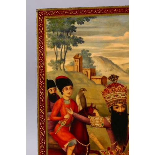 807 - A PERSIAN QAJAR LACQUER PANEL DEPICTING FATH ALI SHAH - 2ND KING OF QAJAR, 29cm x 17cm.