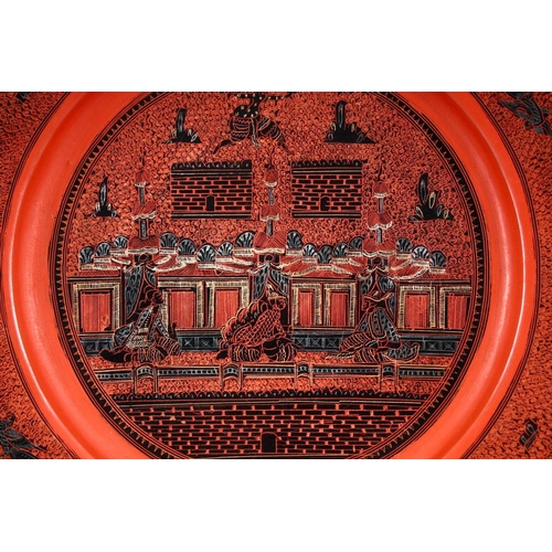 812 - A 19TH / 20TH CENTURY INDIAN LACQUER PLATE, with scenes of figures and buildings, 26cm