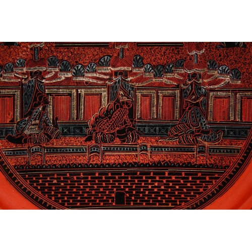 812 - A 19TH / 20TH CENTURY INDIAN LACQUER PLATE, with scenes of figures and buildings, 26cm