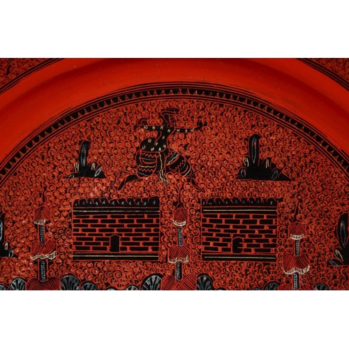 812 - A 19TH / 20TH CENTURY INDIAN LACQUER PLATE, with scenes of figures and buildings, 26cm