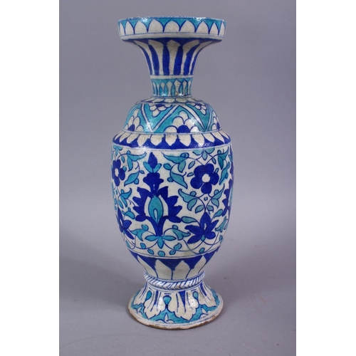 815 - A 19TH CENTURY ISLAMIC BLUE, TURQUOISE AND WHITE POTTERY MULTAN VASE, decorated with blue formal scr... 