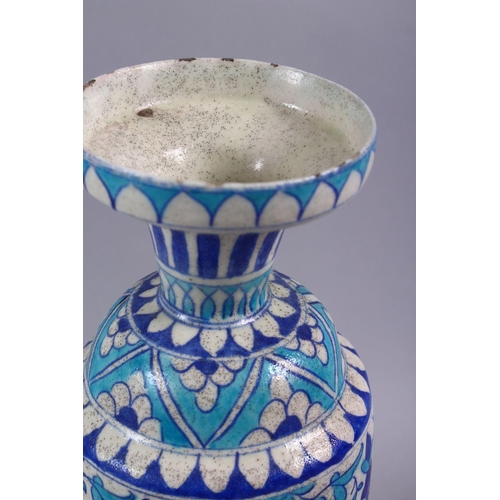 815 - A 19TH CENTURY ISLAMIC BLUE, TURQUOISE AND WHITE POTTERY MULTAN VASE, decorated with blue formal scr... 