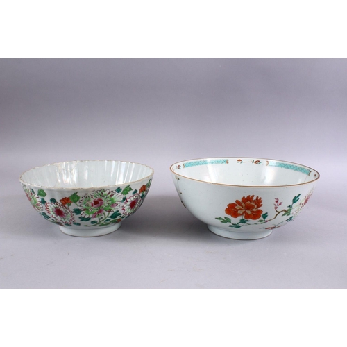 82 - TWO 18TH CENTURY CHINESE PORCELAIN FAMILLE ROSE BOWLS,the smaller with a ribbed body decorated with ... 