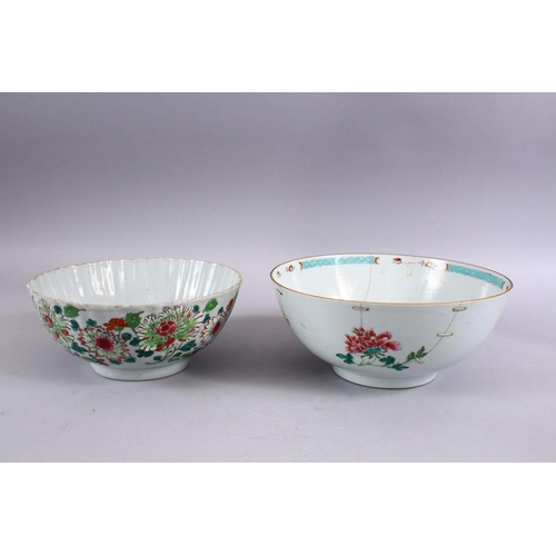 82 - TWO 18TH CENTURY CHINESE PORCELAIN FAMILLE ROSE BOWLS,the smaller with a ribbed body decorated with ... 