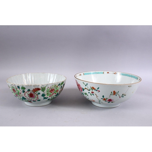 82 - TWO 18TH CENTURY CHINESE PORCELAIN FAMILLE ROSE BOWLS,the smaller with a ribbed body decorated with ... 