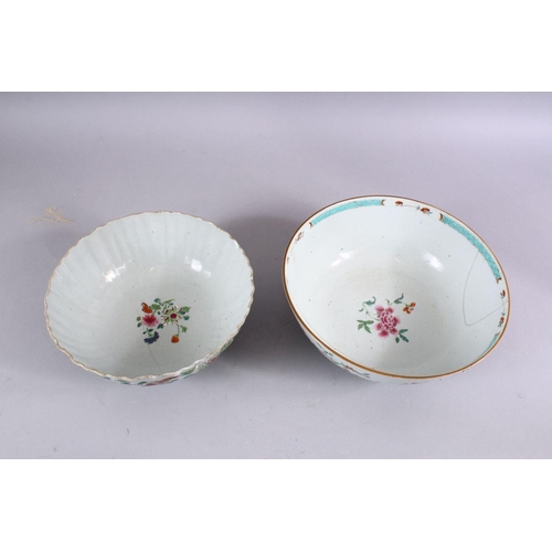 82 - TWO 18TH CENTURY CHINESE PORCELAIN FAMILLE ROSE BOWLS,the smaller with a ribbed body decorated with ... 