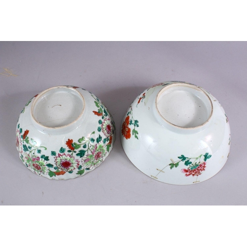 82 - TWO 18TH CENTURY CHINESE PORCELAIN FAMILLE ROSE BOWLS,the smaller with a ribbed body decorated with ... 