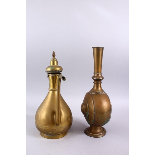 829 - TWO 19TH / 20TH CENTURY ISLAMIC BRASS EWER & VASE, 35cm & 37cm