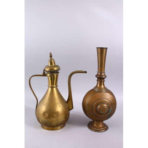 829 - TWO 19TH / 20TH CENTURY ISLAMIC BRASS EWER & VASE, 35cm & 37cm