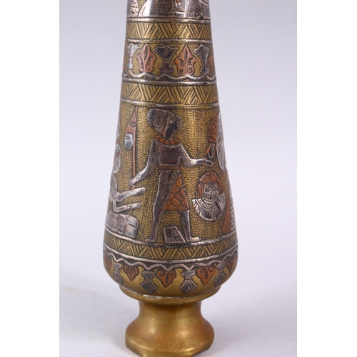 833 - A GOOD CAIROWARE SILVER INLAID BRASS POSEY VASE, inlaid with figures and animals, 30cm.