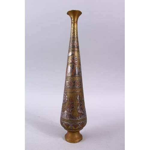 833 - A GOOD CAIROWARE SILVER INLAID BRASS POSEY VASE, inlaid with figures and animals, 30cm.