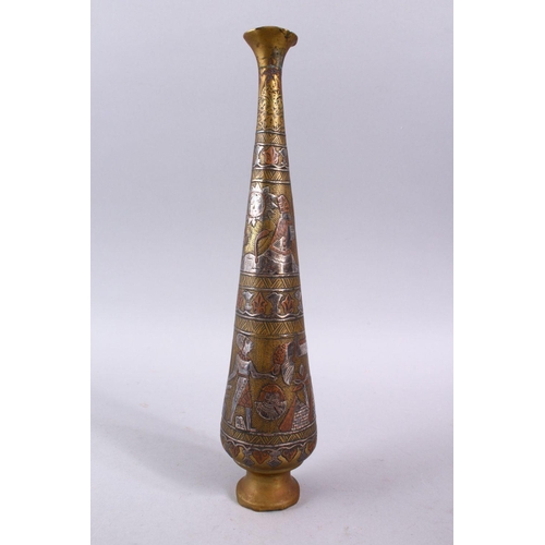 833 - A GOOD CAIROWARE SILVER INLAID BRASS POSEY VASE, inlaid with figures and animals, 30cm.