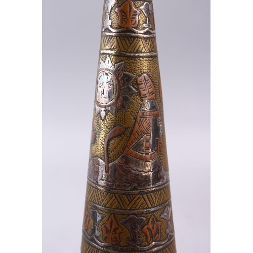 833 - A GOOD CAIROWARE SILVER INLAID BRASS POSEY VASE, inlaid with figures and animals, 30cm.