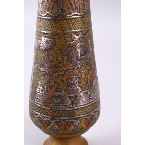 833 - A GOOD CAIROWARE SILVER INLAID BRASS POSEY VASE, inlaid with figures and animals, 30cm.