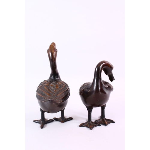 84 - A PAIR OF CHINESE BRONZE FIGURES OF DUCKS, both in standing positions with detailed carvings of feat... 