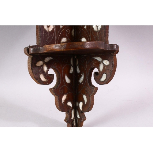 844 - A MOTHER OF PEARL INLAID HARDWOOD CORNER TURBAN STAND, 58cm high.