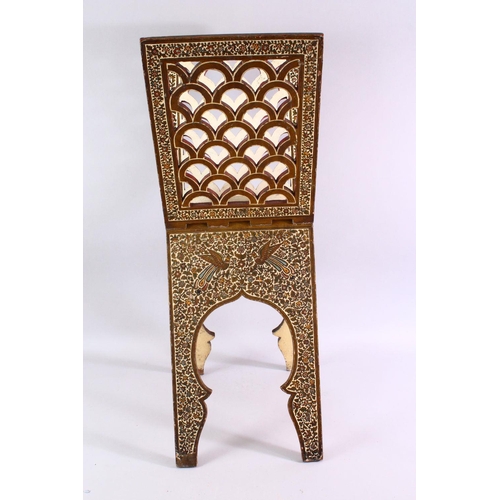 846 - A QURAN STAND, with hand painted and gilded decoration depicting birds and flowers, 82cm high.