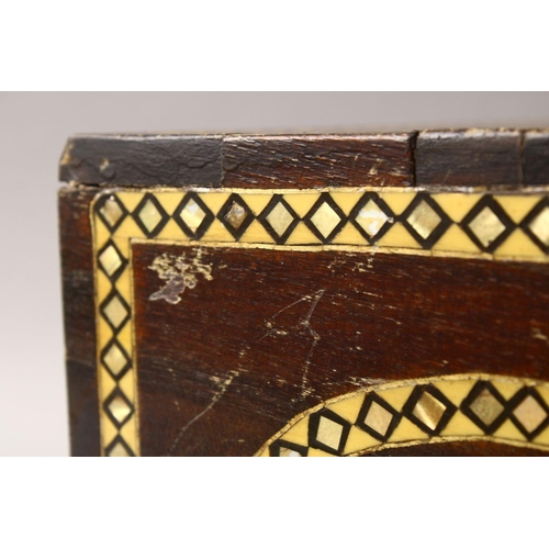 862 - A GOOD 19TH CENTURY INDIAN WOODEN BOX, with six drawers and band of inlaid mother of pearl, 34cm wid... 