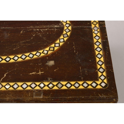 862 - A GOOD 19TH CENTURY INDIAN WOODEN BOX, with six drawers and band of inlaid mother of pearl, 34cm wid... 