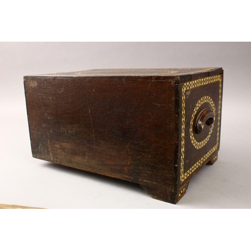 862 - A GOOD 19TH CENTURY INDIAN WOODEN BOX, with six drawers and band of inlaid mother of pearl, 34cm wid... 