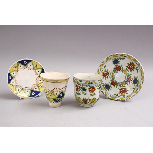 868 - TWO KUTAHYA POTTERY CUPS & SAUCERS (4), each decorated with floral decoration, largest cup: 8.5cm hi... 