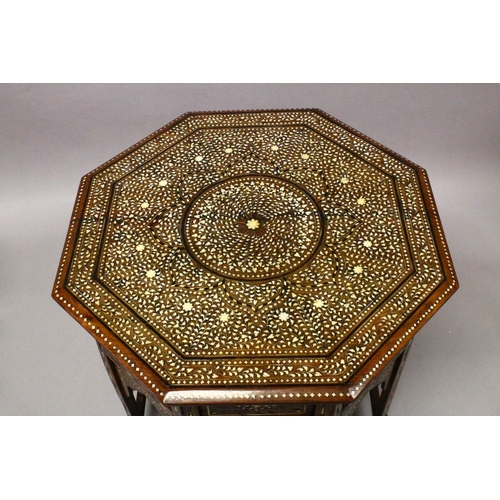 871 - A GOOD LATE 19TH / EARLY 20TH CENTURY ISLAMIC BONE INLAID OCTAGONAL TABLE, profusely inlaid with flo... 