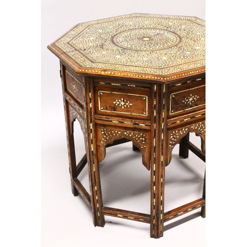 871 - A GOOD LATE 19TH / EARLY 20TH CENTURY ISLAMIC BONE INLAID OCTAGONAL TABLE, profusely inlaid with flo... 