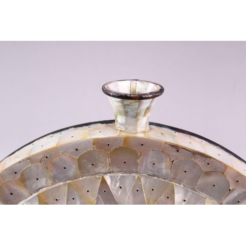 877 - A GOOD 19TH CENTURY GOAN MOTHER OF PEARL CIRCULAR WATER FLASK, 23cm diameter.