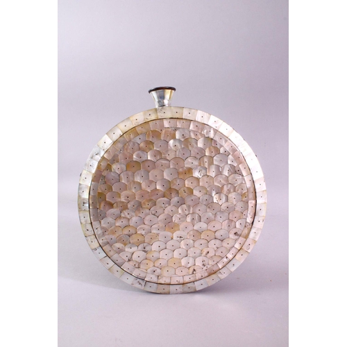 877 - A GOOD 19TH CENTURY GOAN MOTHER OF PEARL CIRCULAR WATER FLASK, 23cm diameter.