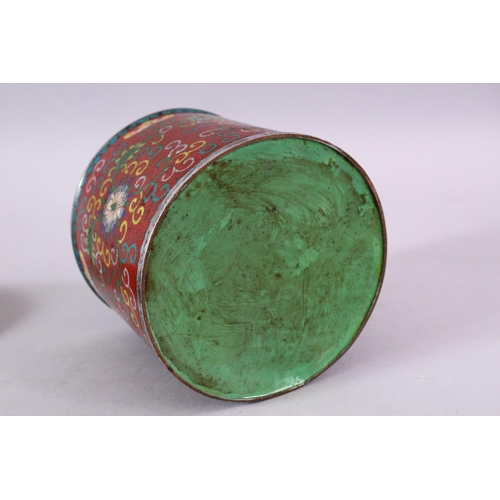 88 - A 19TH / 20TH CENTURY CHINESE CLOISONNE CYLINDRICAL BOX AND COVER, decorated upon a red ground with ... 