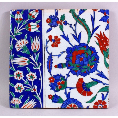 885 - A GOOD LARGE IZNIK TILE, with classic style floral decoration, 28cm x 28cm.