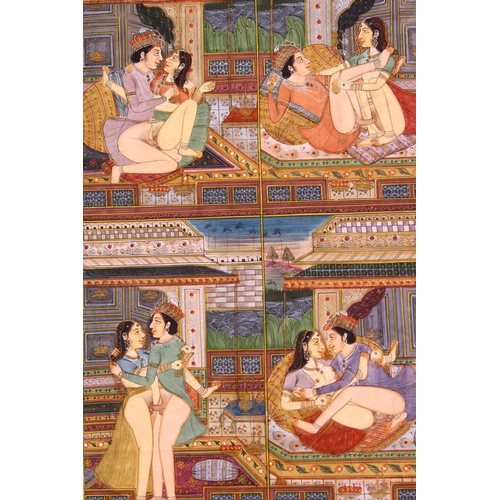 887 - A PAIR OF INDIAN EROTIC MINIATURE PAINTINGS / BOOK LEAVES, together with another leaf painted with s... 