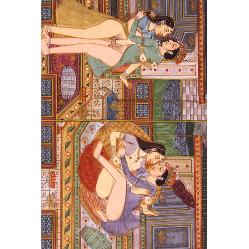 887 - A PAIR OF INDIAN EROTIC MINIATURE PAINTINGS / BOOK LEAVES, together with another leaf painted with s... 