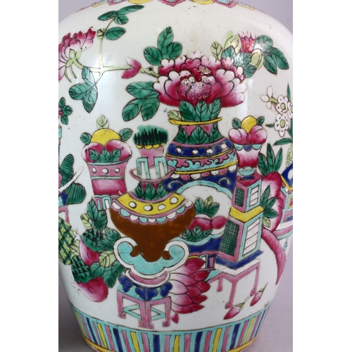 91 - TWO 19TH CENTURY CHINESE FAMILLE ROSE PORCELAIN GINGER JARS & COVERS, each decorated with profuse di... 