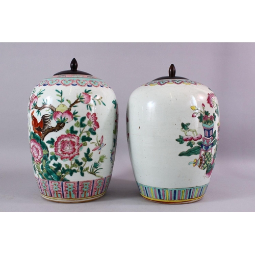 91 - TWO 19TH CENTURY CHINESE FAMILLE ROSE PORCELAIN GINGER JARS & COVERS, each decorated with profuse di... 