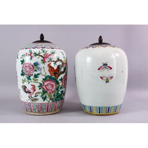 91 - TWO 19TH CENTURY CHINESE FAMILLE ROSE PORCELAIN GINGER JARS & COVERS, each decorated with profuse di... 