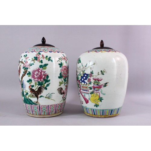 91 - TWO 19TH CENTURY CHINESE FAMILLE ROSE PORCELAIN GINGER JARS & COVERS, each decorated with profuse di... 