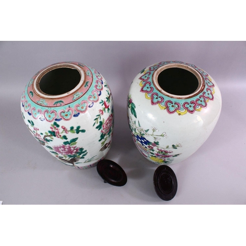 91 - TWO 19TH CENTURY CHINESE FAMILLE ROSE PORCELAIN GINGER JARS & COVERS, each decorated with profuse di... 