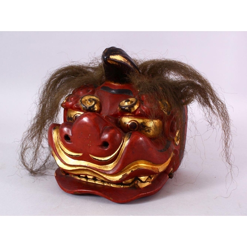 92 - A JAPANESE MEIJI / TAISHO PERIOD LACQUER HANNYA / DEVIL MASK, with real hair detailing, gilt highlig... 