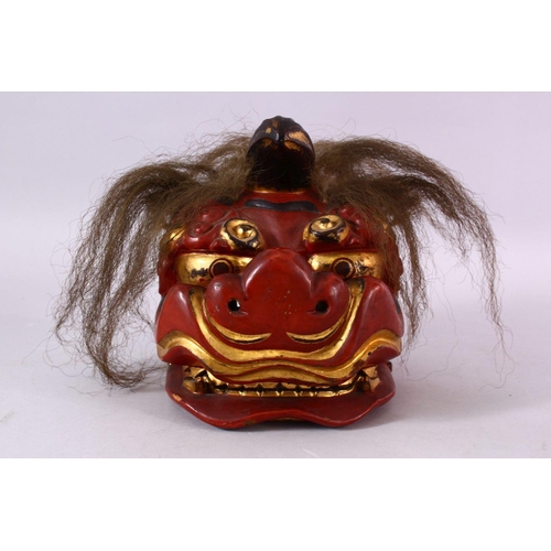 92 - A JAPANESE MEIJI / TAISHO PERIOD LACQUER HANNYA / DEVIL MASK, with real hair detailing, gilt highlig... 